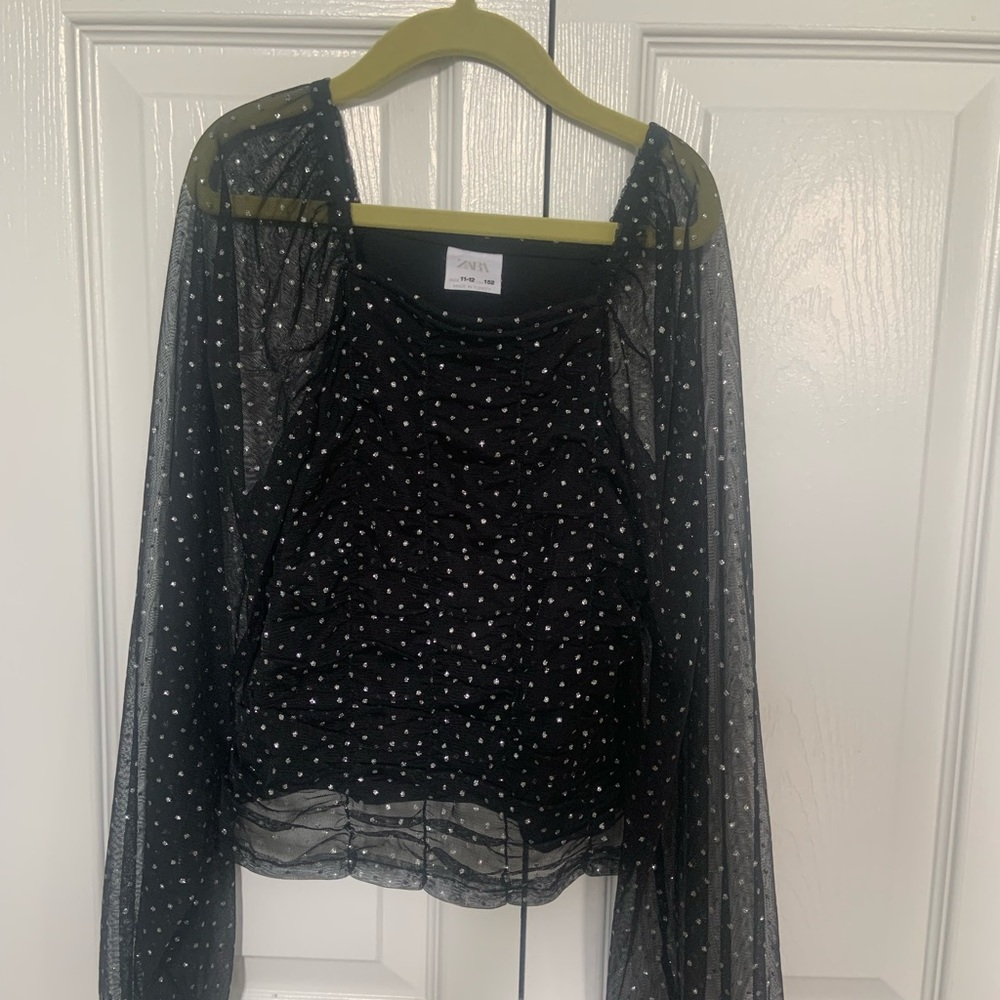 Zara shirt with sheer sleeves and silver detail 11/12 holiday glam